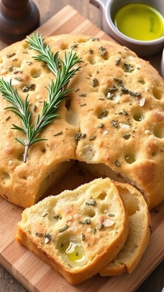 Focaccia Bread Using Frozen Dinner Rolls Golden brown focaccia bread with dimples, garnished with rosemary, on a wooden board with olive oil.